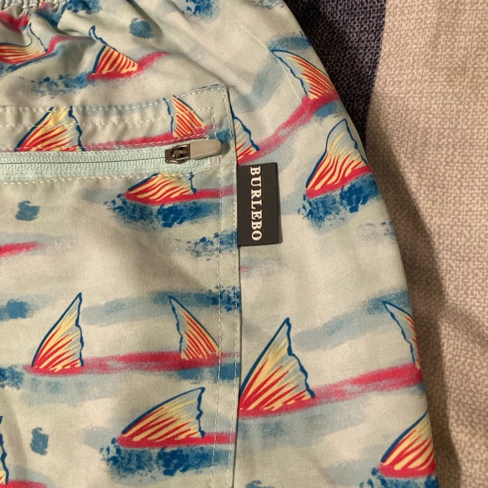 Burlebo Mens Swim Trunks Sz M Fins Ocean Sea Fish Aquatic Blue